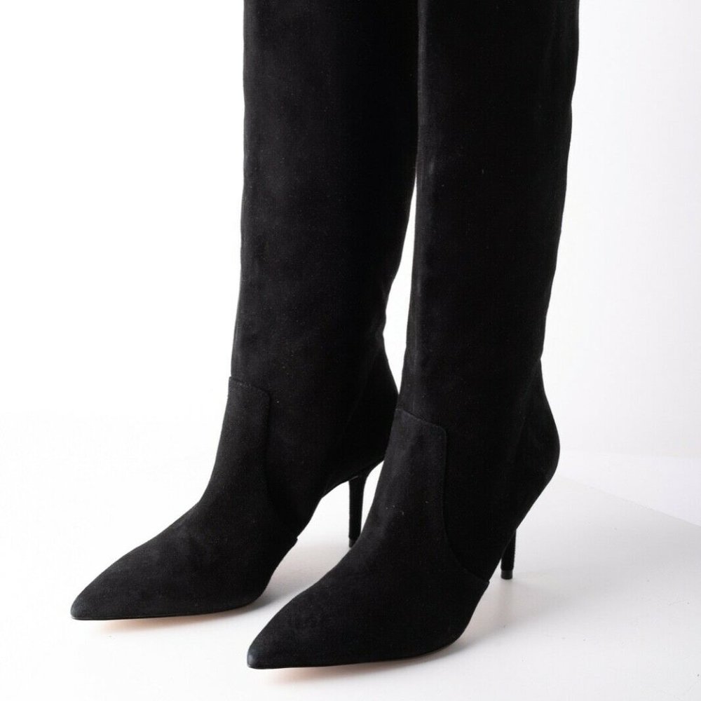 Zara Womens Black Suede Knee High Heeled Boots 10 - Picture 1 of 8